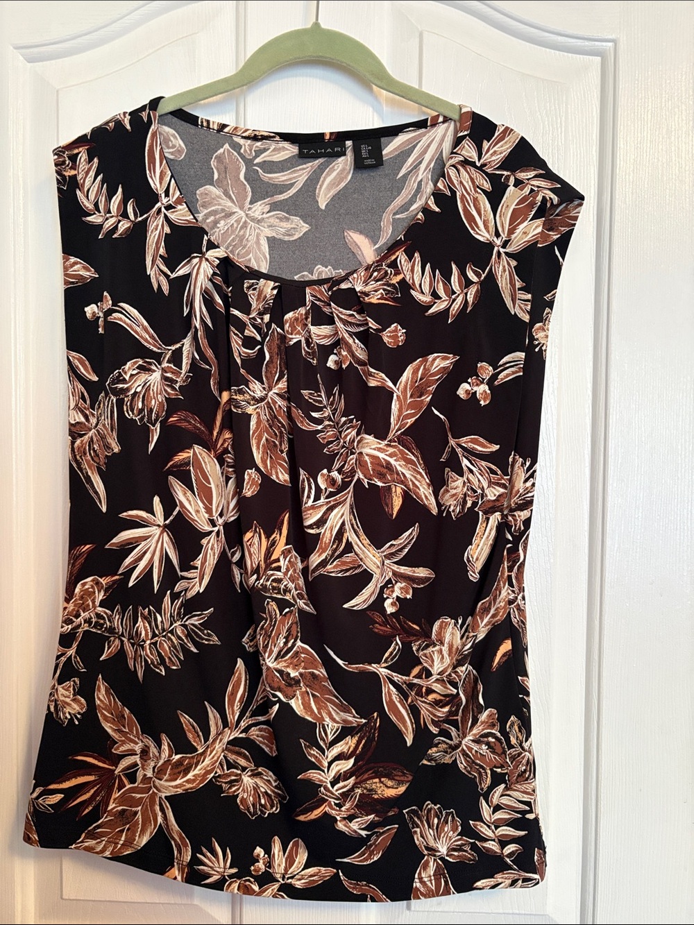Tahari Black Floral Pleated-Neck Camisole with Brown Print